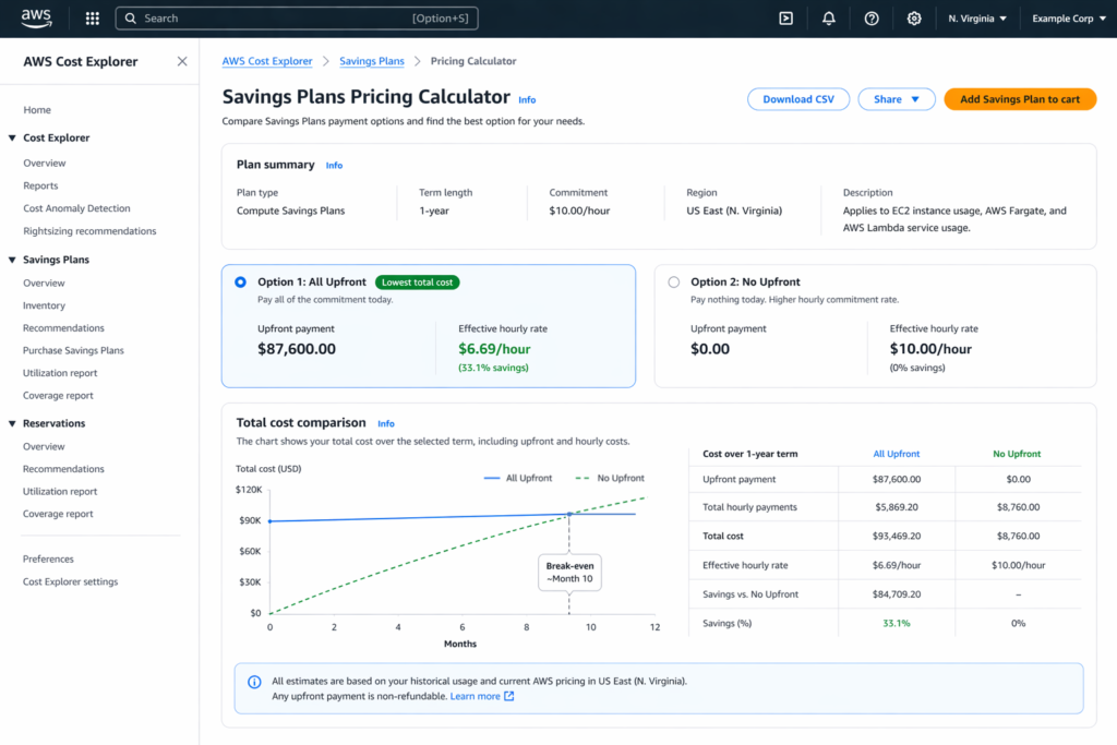 AWS Savings Plans Pricing Calculator comparison showing m5.large 3-year EC2 Instance Savings Plan with All Upfront discount rate of 62% vs No Upfront rate of 58% in us-east-1 region