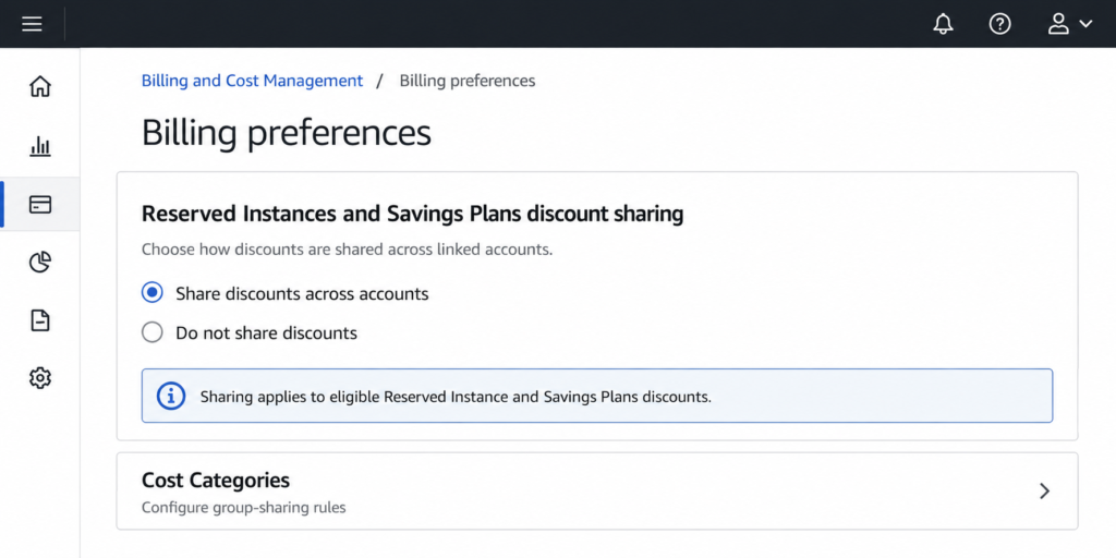 AWS Billing and Cost Management Billing preferences showing Savings Plans discount-sharing controls and group-sharing configuration options
