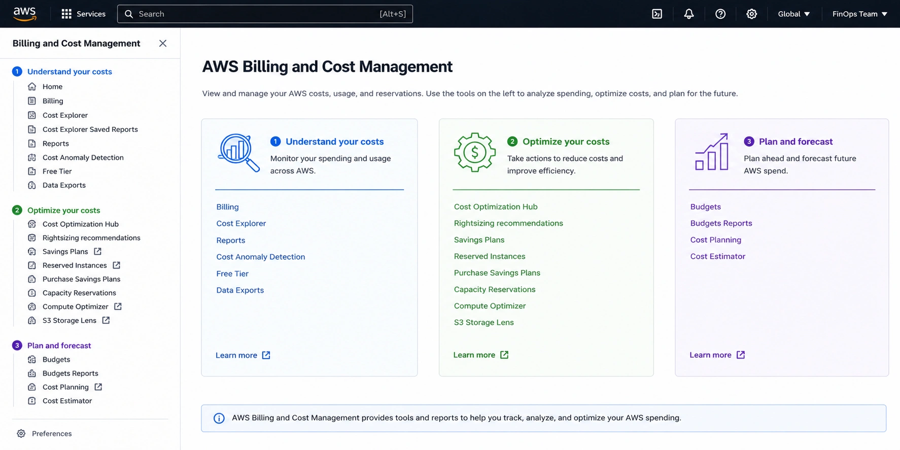 AWS Billing and Cost Management console navigation showing Billing, Cost Management, and Savings sections.