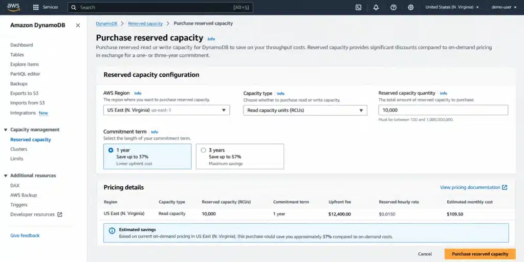 AWS DynamoDB reserved capacity pricing screen showing Region, RCU quantity, commitment term, upfront fee, and hourly reserved rate.