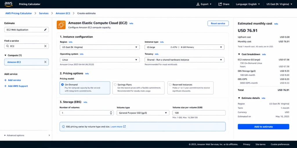AWS Pricing Calculator showing EC2 configuration with m5.large instance type, Linux OS, and 1-year Savings Plan monthly cost estimate
