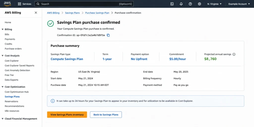 AWS Savings Plans purchase confirmation screen displaying selected Compute Savings Plan, 1-year term, No Upfront payment, $5.00/hour commitment, and projected annual savings amount.