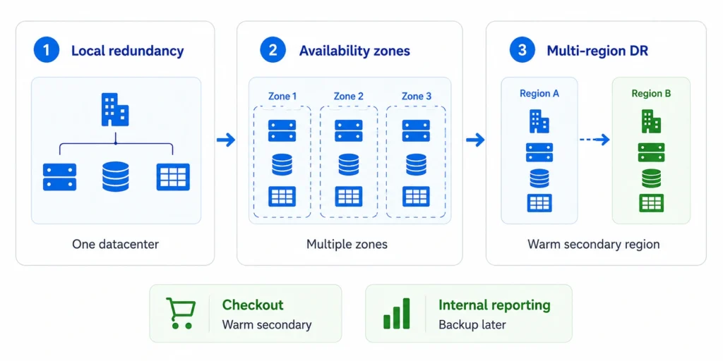 Azure outage resilience architecture progressing from local redundancy to availability zones and multi-region disaster recovery. Set requirements by workload flow. Checkout may justify a warm secondary region, while internal reporting may recover later from backup.