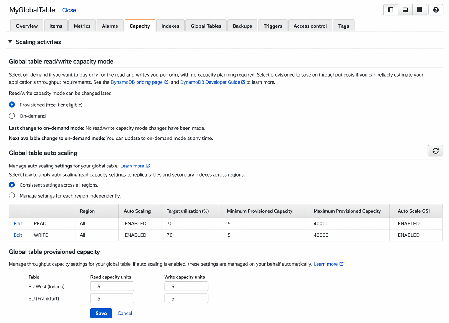 AWS DynamoDB pricing page highlighting Global Tables pricing, showing replicated write capacity units (rWCU) priced identically to standard write capacity units after the November 2024 reduction of up to 67% for on-demand mode