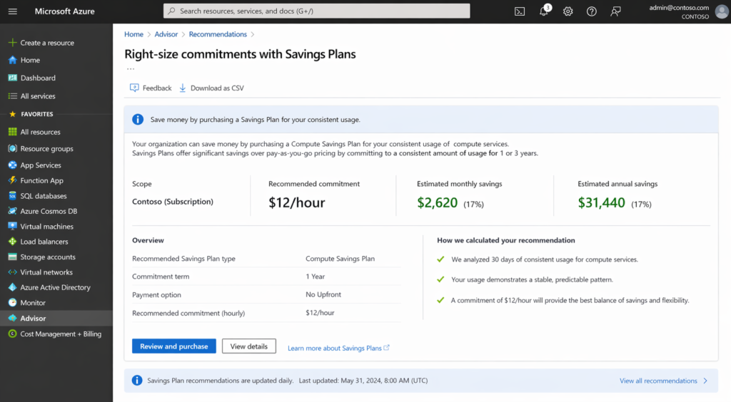 Azure Advisor recommendations page displaying Database Savings Plan suggestion with hourly commitment amount, estimated savings percentage, and 12-month payback period calculation