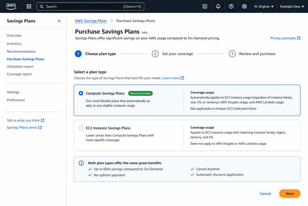 AWS Savings Plans purchase console showing plan type selector with Compute Savings Plans and EC2 Instance Savings Plans options.