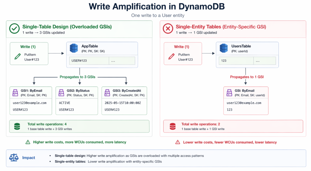 Visual comparison of GSI write amplification: left side shows a single-table write to a User entity triggering updates to GSI1, GSI2, and GSI3 (3 GSI writes), right side shows a multi-table write to a dedicated Users table triggering only 1 GSI update, illustrating the write cost multiplier effect