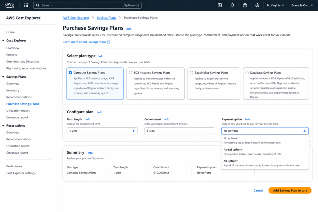 AWS Cost Explorer Savings Plans purchase interface with All Upfront, Partial Upfront, and No Upfront payment options displayed in dropdown menu