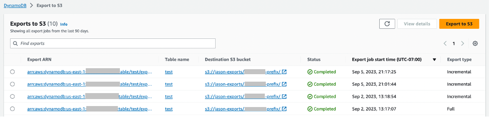 Illustration showing- AWS console showing an incremental export in progress with the Export status as "IN_PROGRESS" and the estimated completion time visible.