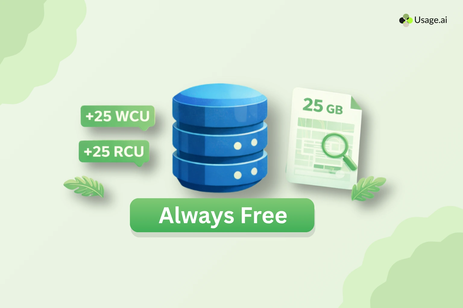Illustration of AWS DynamoDB free tier showing a database icon with +25 WCU and +25 RCU labels, alongside a document labeled 25 GB, and the text ‘Always Free’ indicating included storage and capacity limits.