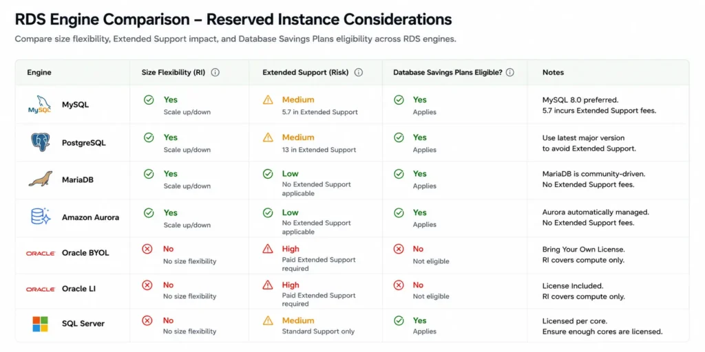 AWS RDS Reserved Instances engine selection interface showing a comparison matrix of all supported database engines with three status columns: Size Flexibility showing checkmarks for MySQL, PostgreSQL, MariaDB, Aurora, and Oracle BYOL and X marks for Oracle LI and SQL Server, Database Savings Plan Eligible showing checkmarks only for MySQL PostgreSQL and Aurora, and Extended Support Risk showing warning indicators for MySQL 5.7 and PostgreSQL 11