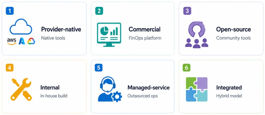 Diagram comparing provider-native, commercial, open-source, internal, managed-service, and integrated FinOps tooling models.
