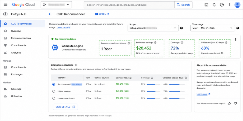 Google Cloud FinOps hub showing a Compute Engine committed use discount recommendation with estimated savings and coverage information.