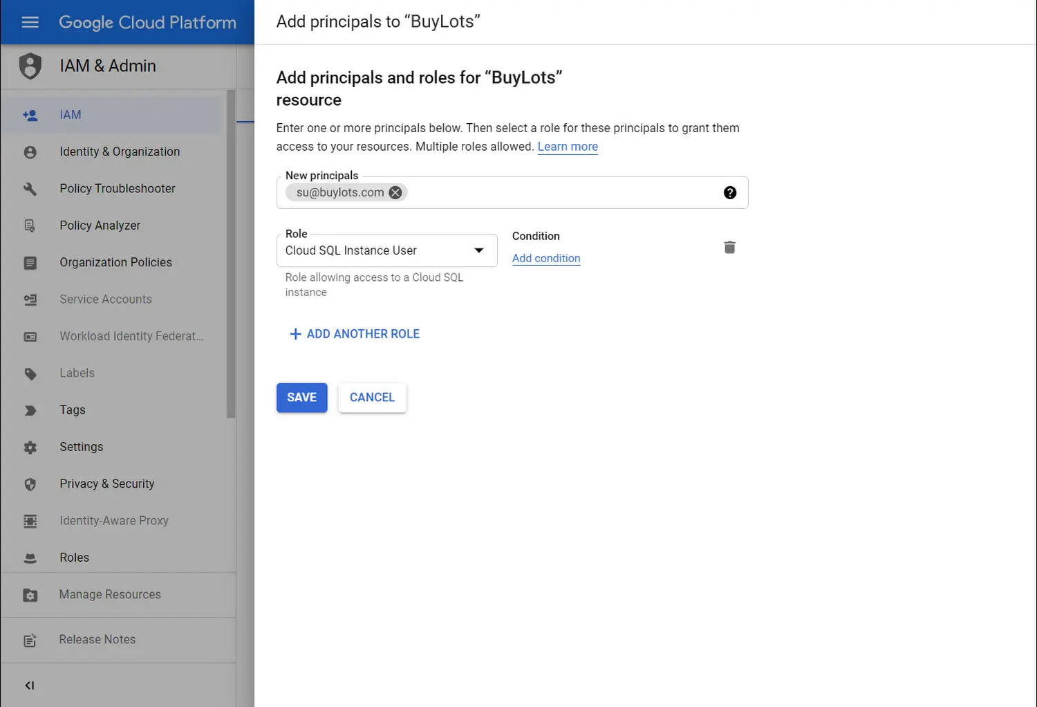 Granting a Role in the Google Cloud Console screenshot