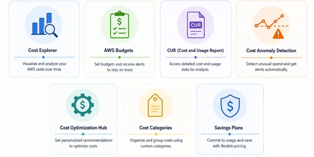 Infographic showing the core AWS Billing and Cost Management tools and their primary functions.