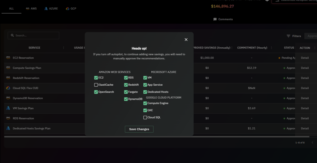 Usage.ai savings dashboard, active EC2 Savings Plan commitments, and gross savings rate percentage.