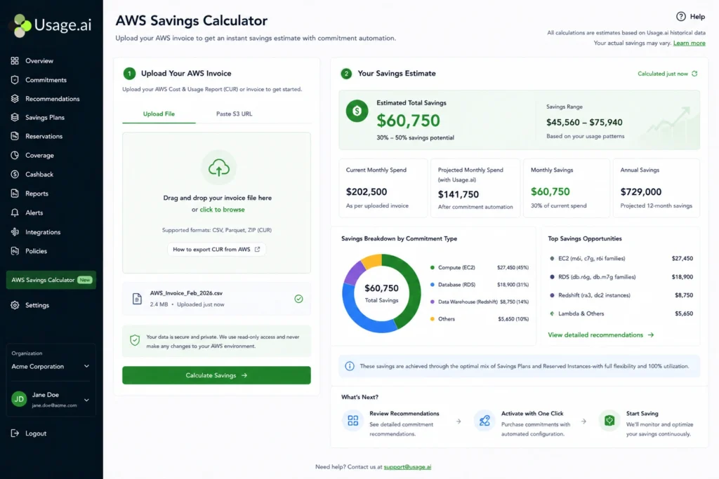 Usage.ai free AWS Savings Calculator showing bill upload interface and savings estimate output, demonstrating how much an organization could save on AWS.