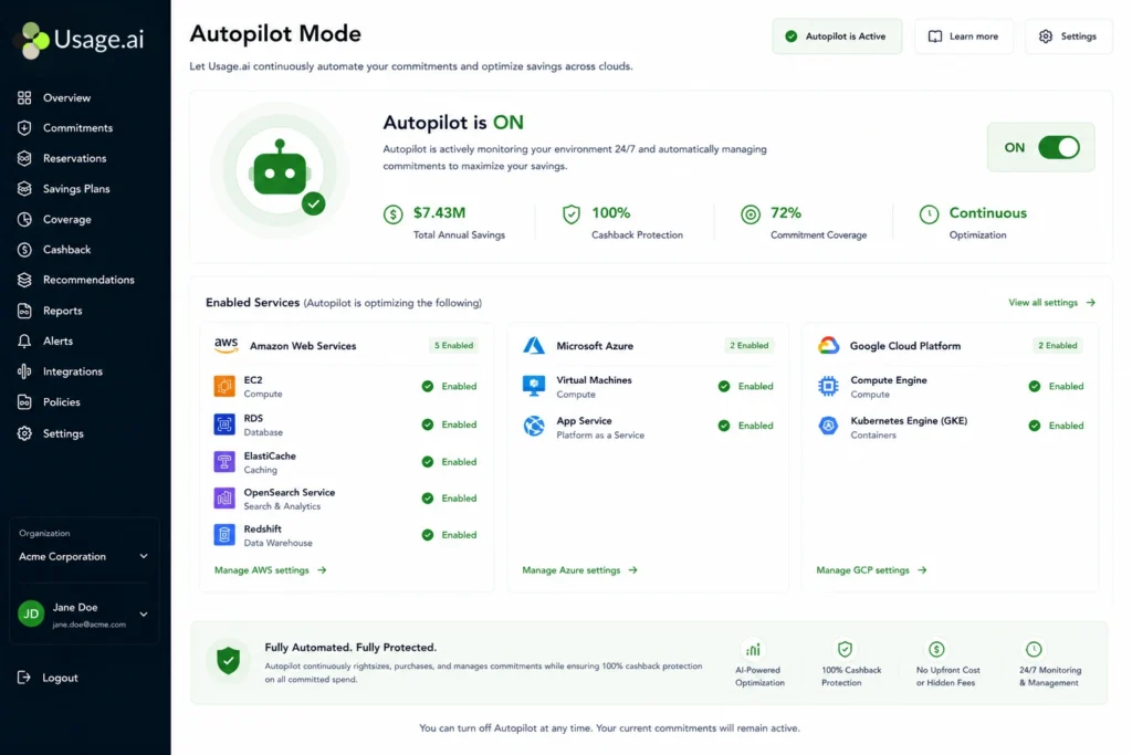 Usage.ai Autopilot mode enabled across AWS, Azure, and Google Cloud, showing real-time coverage adjustment with buyback protection.