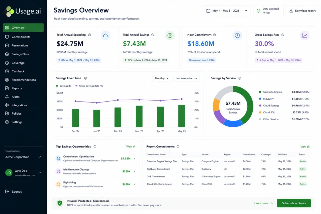 Usage.ai savings dashboard showing $29M total annual spend, $9.6M in annual savings, and 55% gross savings rate across Google Cloud workloads.