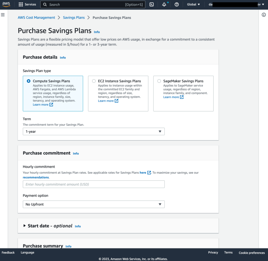 AWS Cost Explorer Savings Plans purchase screen showing plan type selector with Compute Savings Plans and EC2 Instance Savings Plans options, each with coverage scope descriptions