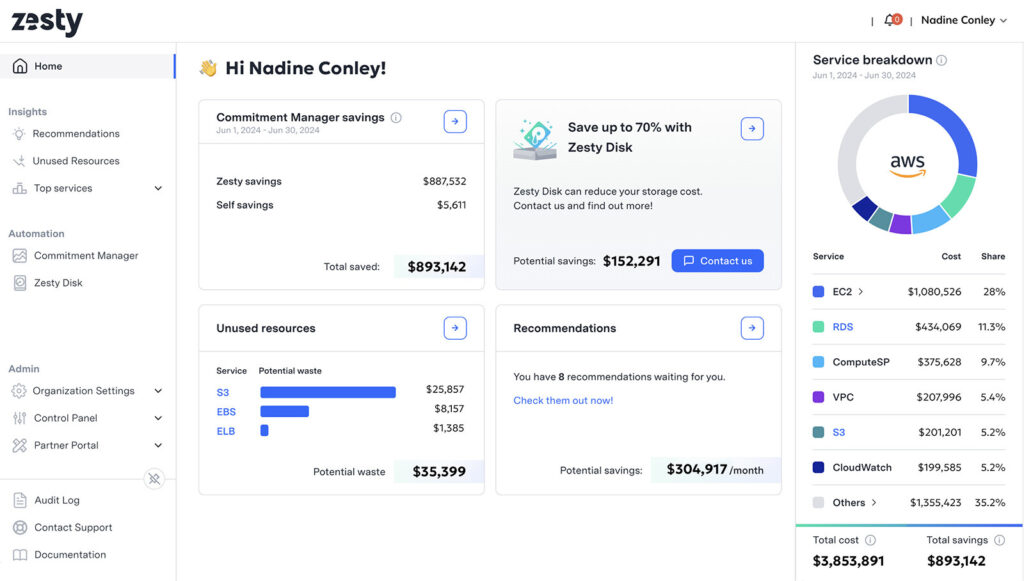 A screenshot of Zesty dashboard