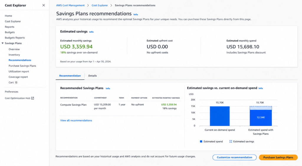 AWS Cost Explorer Savings Plans recommendation page