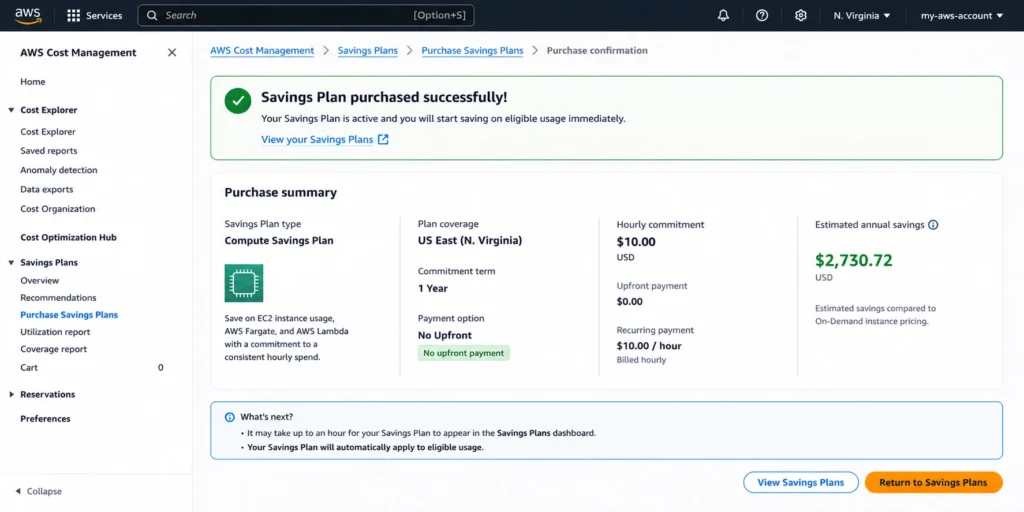 AWS Savings Plans purchase confirmation screen displaying selected Compute Savings Plan, 1-year term, No Upfront payment, $5.00/hour commitment, and projected annual savings amount.