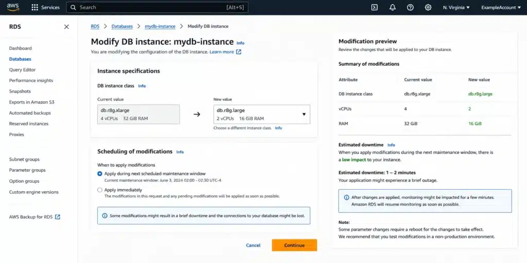 Amazon RDS Modify DB Instance page with the DB instance class field showing the change from db.r8g.xlarge to db.r8g.large in the modification panel, the Apply change option set to Apply during the next scheduled maintenance window, and a modification summary section at the bottom showing the single configuration change with a note that for Multi-AZ deployments the modification will be applied to the standby first and then the primary will fail over to minimize application downtime
