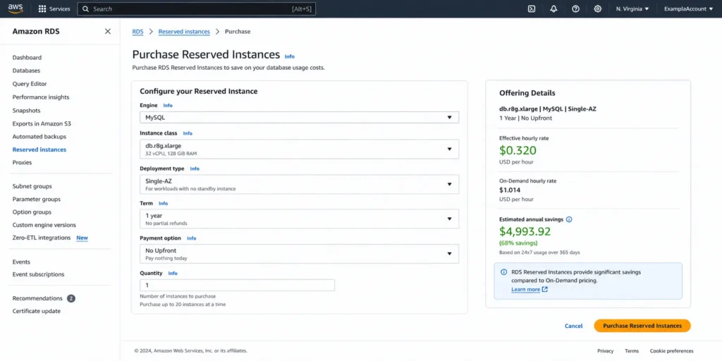 Amazon RDS console Reserved Instances purchase wizard showing the full configuration form with engine dropdown set to MySQL, DB instance class set to db.r8g.xlarge, deployment type set to Single-AZ, term selector set to 1 Year, payment option set to No Upfront, and quantity set to 1, alongside the Offering Details panel on the right showing the reserved hourly rate and the projected annual savings amount compared to the standard on-demand rate for the same configuration