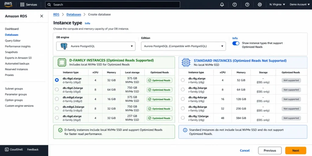 AWS RDS console create database screen showing the DB instance class selection dropdown with the d-family Graviton instances grouped together, each showing an orange Optimized Reads badge: db.r8gd.large with 2 vCPUs and 16 GB memory at $0.273 per hour, db.r8gd.xlarge with 4 vCPUs and 32 GB at a higher rate, and db.m8gd.large with 2 vCPUs and 8 GB at $0.1976 per hour, followed by the standard non-NVMe instances db.r8g.large and db.r8g.xlarge without the badge and at lower hourly rates, clearly showing the instance premium associated with enabling Optimized Reads capability