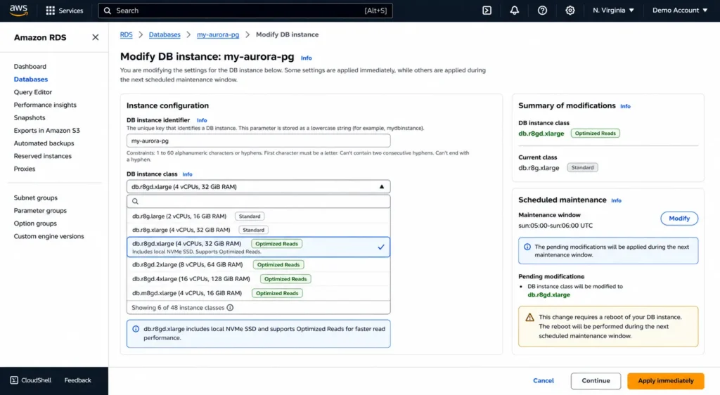 AWS RDS console Modify DB Instance interface showing the DB instance class section with the dropdown open and displaying a list of available instance types, with db.r8gd.xlarge highlighted in the selection showing 4 vCPUs and 32 GiB RAM with the Optimized Reads capability indicator, and below the instance class section showing the Maintenance window settings with the option to apply changes During the next scheduled maintenance window selected, and a warning banner indicating that changing instance class requires a reboot of the database instance