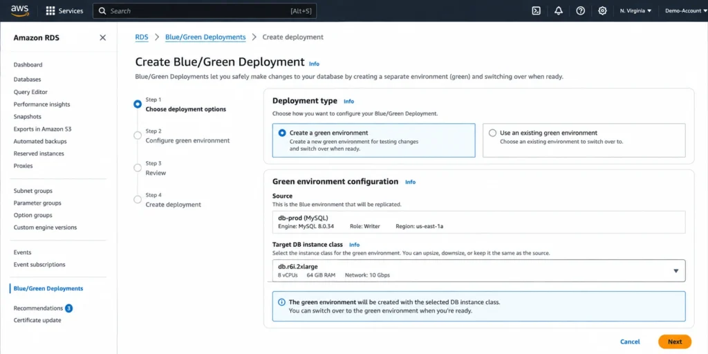 Amazon RDS Blue/Green Deployment workflow showing the target DB instance class used for a controlled MySQL resize.