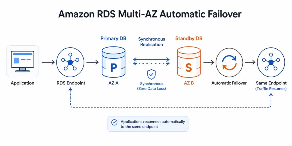 Amazon RDS Multi-AZ deployment showing synchronous replication to a standby instance and automatic failover using the same database endpoint.