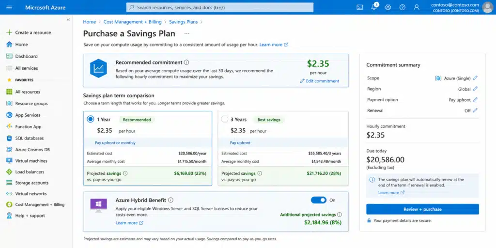 Azure Cost Management portal Savings Plans purchase wizard showing the hourly commitment input field with a recommendation based on past 30-day compute spend, two option rows comparing 1-year and 3-year term savings rates and estimated annual savings amounts, an Azure Hybrid Benefit toggle showing the incremental savings for workloads with eligible Windows Server licenses, and a scope selector showing Subscription or Billing Account sharing options