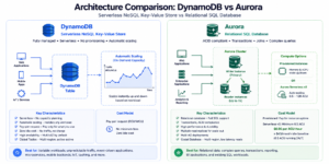 Architecture comparison of DynamoDB as a serverless NoSQL key-value store with automatic scaling and zero idle cost versus Aurora as a relational SQL database with provisioned instances or Serverless v2 at minimum 0.5 ACU ($43/month idle baseline)