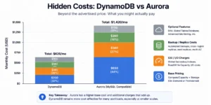 Cost comparison bar chart across four workload profiles, showing DynamoDB on-demand and provisioned costs versus Aurora provisioned and Serverless v2 costs, with DynamoDB dramatically cheaper at startup and mid-traffic scales, and Aurora becoming competitive only at high sustained throughput