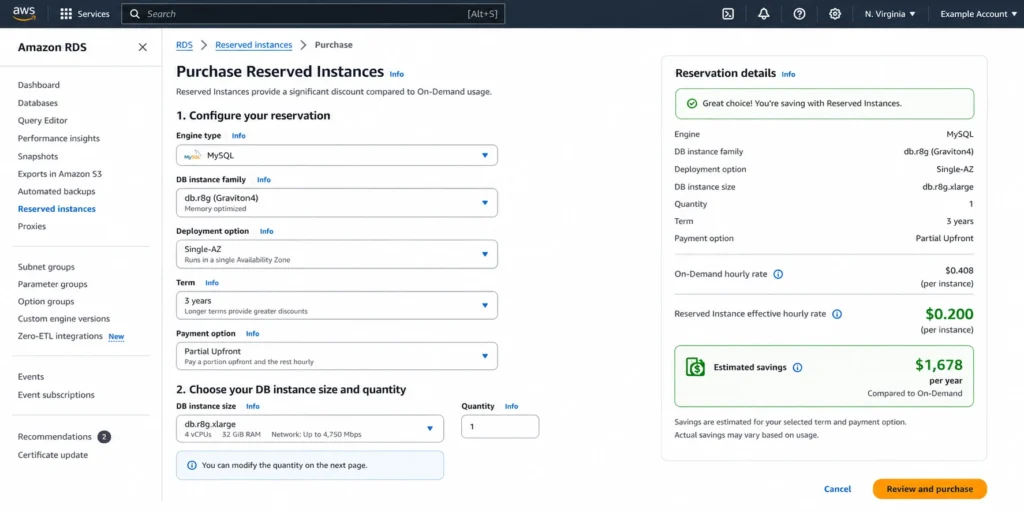 Amazon RDS console Reserved Instances purchase interface with the MySQL engine selected, instance class set to db.r8g.xlarge, deployment type Single-AZ, term selector set to 3 years, payment option Partial Upfront, and a Reservation Details panel displaying the effective hourly rate estimate and the projected annual cost savings compared to on-demand pricing for the selected configuration