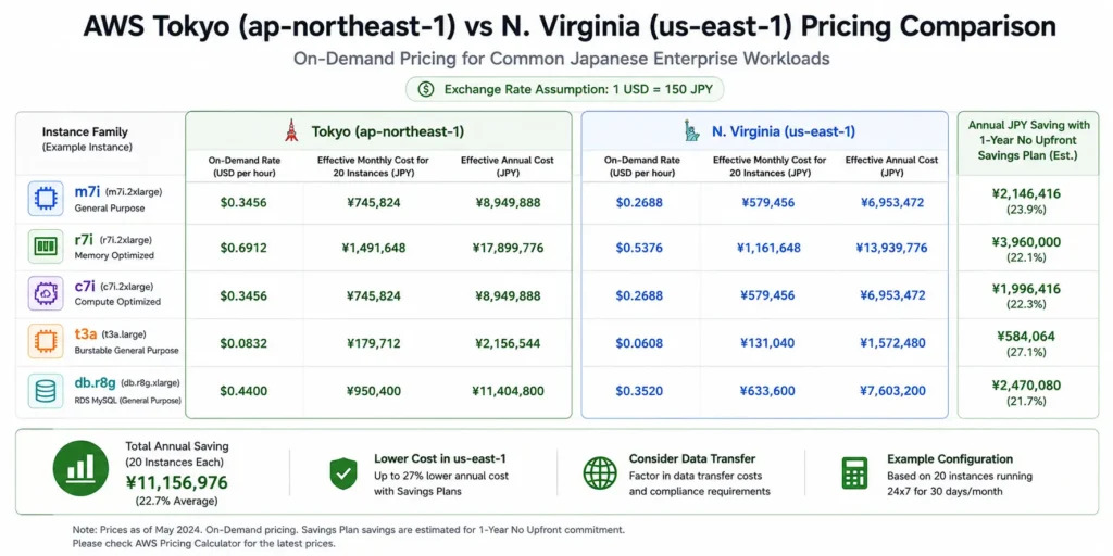 Pricing table with four columns: Instance type, ap-northeast-1 on-demand (USD/hr), us-east-1 on-demand (USD/hr), and JPY monthly cost for 20 instances at USD/JPY 150. Rows: m7i.2xlarge ($0.4320 vs $0.3648), r7i.2xlarge ($0.5400 vs $0.4536), c7i.2xlarge ($0.3520 vs $0.3026), t3a.large ($0.0952 vs $0.0832), db.r8g.xlarge Multi-AZ ($0.656 vs $0.480). Bottom row shows 1-year No Upfront Compute Savings Plan reduces ap-northeast-1 m7i.2xlarge from $0.4320 to $0.2717/hr (37% saving). Annotation: for 20 m7i.2xlarge instances, annual Savings Plan saving in JPY terms is approximately ¥22.8 million at USD/JPY 150, illustrating why commitment purchasing functions as a partial JPY hedge.
