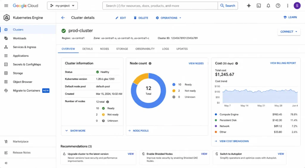 GKE cluster overview displaying node pools, machine types, and monthly cost estimate in the Google Cloud Console.