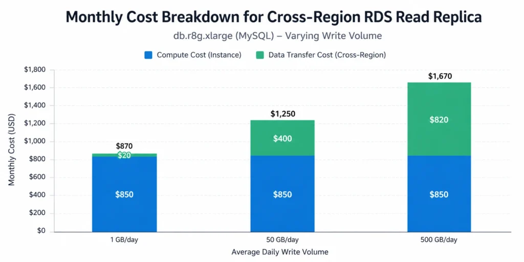Stacked bar chart showing monthly cost breakdown for an RDS cross-region read replica across three write volumes, with each bar divided into compute cost (dark blue, $350/month constant), storage cost (medium blue, $57.50/month constant), data transfer cost (light blue, varying from $0.60 to $300/month), and KMS cost (gray, $1/month constant), illustrating that compute dominates at low write volumes and data transfer becomes significant at 500 GB per day