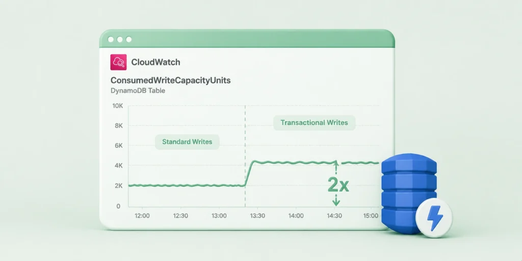 CloudWatch metrics dashboard for DynamoDB ConsumedWriteCapacityUnits showing a flat baseline period with standard writes, followed by a 2x increase in consumed capacity when the application switches to TransactWriteItems for the same write volume, illustrating the two-phase commit cost doubling.