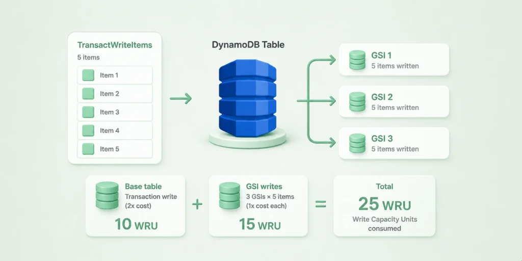 Cost flow diagram illustrating a DynamoDB TransactWriteItems operation on 5 items with 3 Global Secondary Indexes, showing 10 WRU consumed for the two-phase commit transaction plus 15 WRU consumed for GSI write propagation at standard rates, totaling 25 WRU per transaction batch