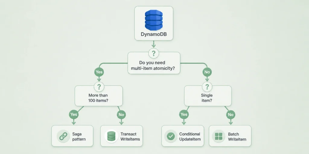 Decision tree flowchart for choosing between DynamoDB transaction alternatives, starting with 'Do you need multi-item atomicity?' branching to TransactWriteItems (Yes, under 100 items), Saga pattern (Yes, over 100 items), conditional UpdateItem (No, single item), and BatchWriteItem (No, multiple items without ACID).