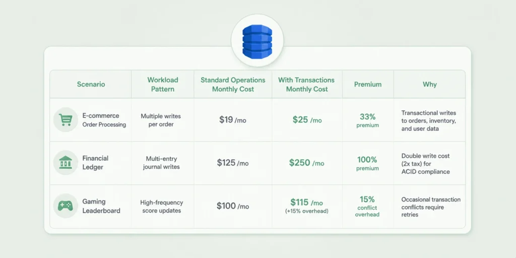 Cost summary table for three real-world DynamoDB transaction scenarios showing e-commerce order placement at $25/month with a 33% transaction premium, financial ledger at $250/month with 100% premium, and gaming leaderboard at $115/month including $15 in wasted capacity from 15% transaction conflict rate