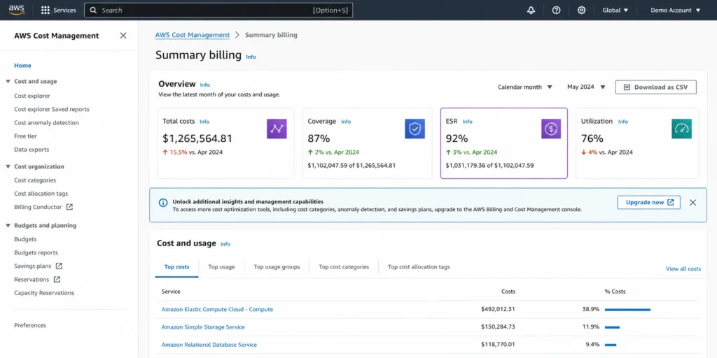 AWS Cost Management console displaying Effective Savings Rate ESR metric in the Summary Billing tab, showing ESR percentage alongside commitment coverage and utilization rates.