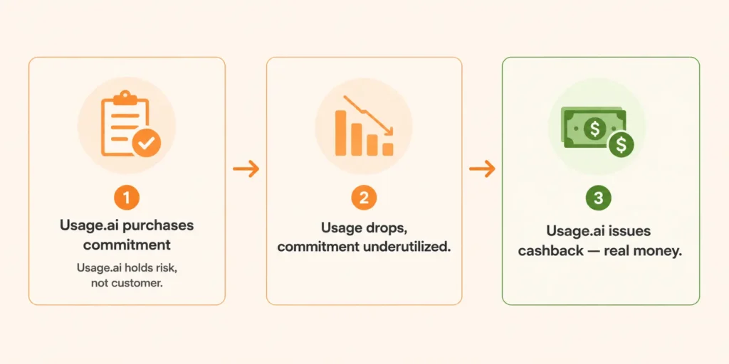 How Usage.ai insured commitments work: Usage.ai purchases the commitment, if usage drops and commitments go underutilized, Usage.ai issues real-money cashback to the customer