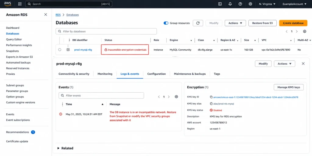 Amazon RDS console DB Instances list with one instance highlighted showing Status as inaccessible-encryption-credentials in red text, with the instance details panel below showing the Events tab with the encryption credentials error message timestamp, and a side panel showing the linked KMS key ARN with the key status shown as Disabled in AWS KMS console