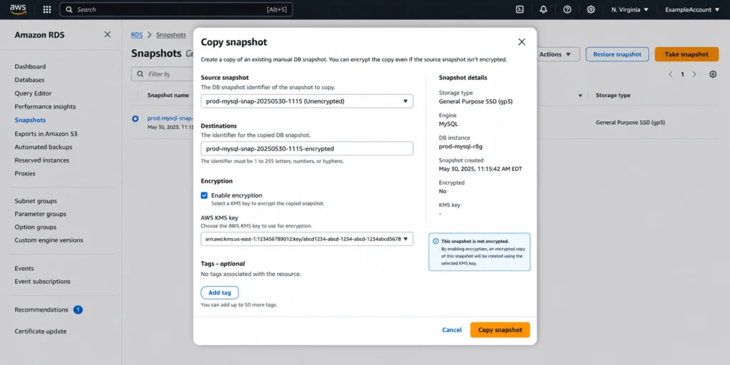 Amazon RDS console Copy DB Snapshot interface with the destination snapshot identifier field filled in, the Enable Encryption checkbox selected, and a KMS key dropdown showing a customer-managed key ARN selected for encrypting the snapshot copy, illustrating the snapshot-copy method used to encrypt an existing unencrypted RDS database