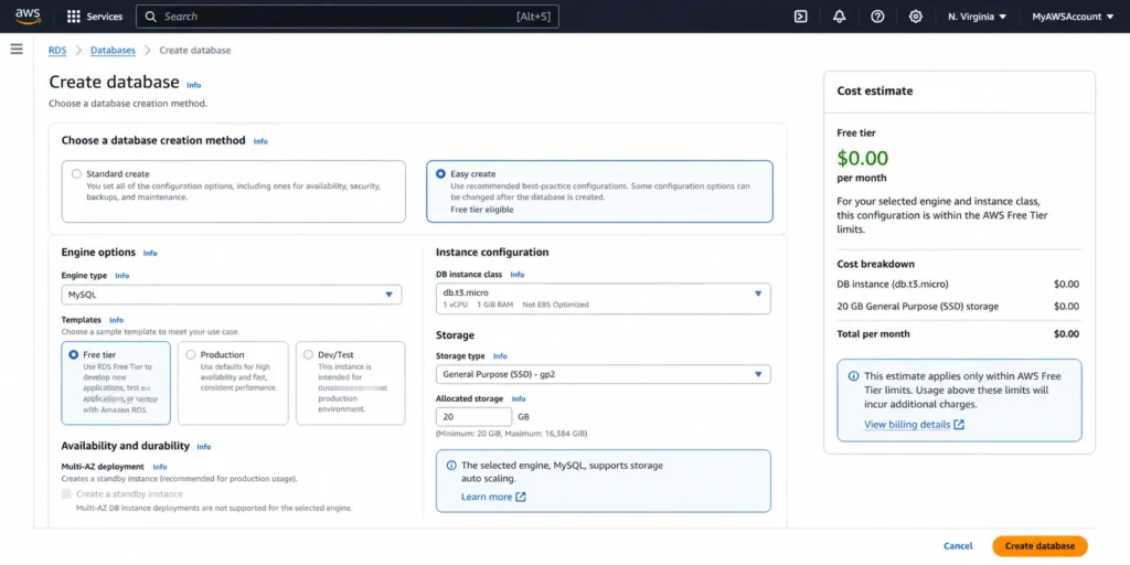 Amazon RDS console Create Database page with the Free Tier template selected from the Templates section, showing the DB instance class set to db.t3.micro, Multi-AZ deployment disabled and grayed out, storage set to 20 GB General Purpose SSD gp2, and an Estimated Monthly Cost panel displaying $0.00 per month with a tooltip noting that the estimate assumes the instance stays within free tier limits including the 750-hour monthly cap