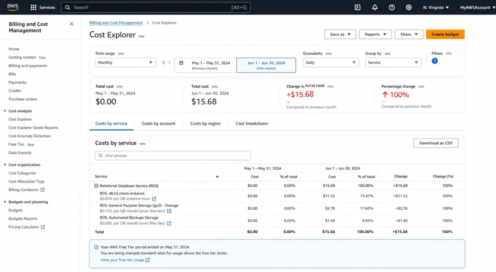 AWS Billing console Cost and Usage summary showing two months side by side: the final free tier month with $0.00 in RDS charges and the first post-free-tier month showing charges broken down into instance hours at $11.68, storage overage at $3.45, and backup storage at $1.90 for a total first month RDS bill of $17.03, illustrating the transition from free tier to paid billing